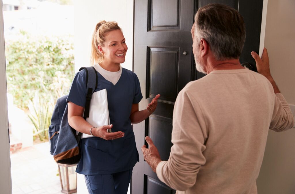 a home health care worker visits a senior for home health care