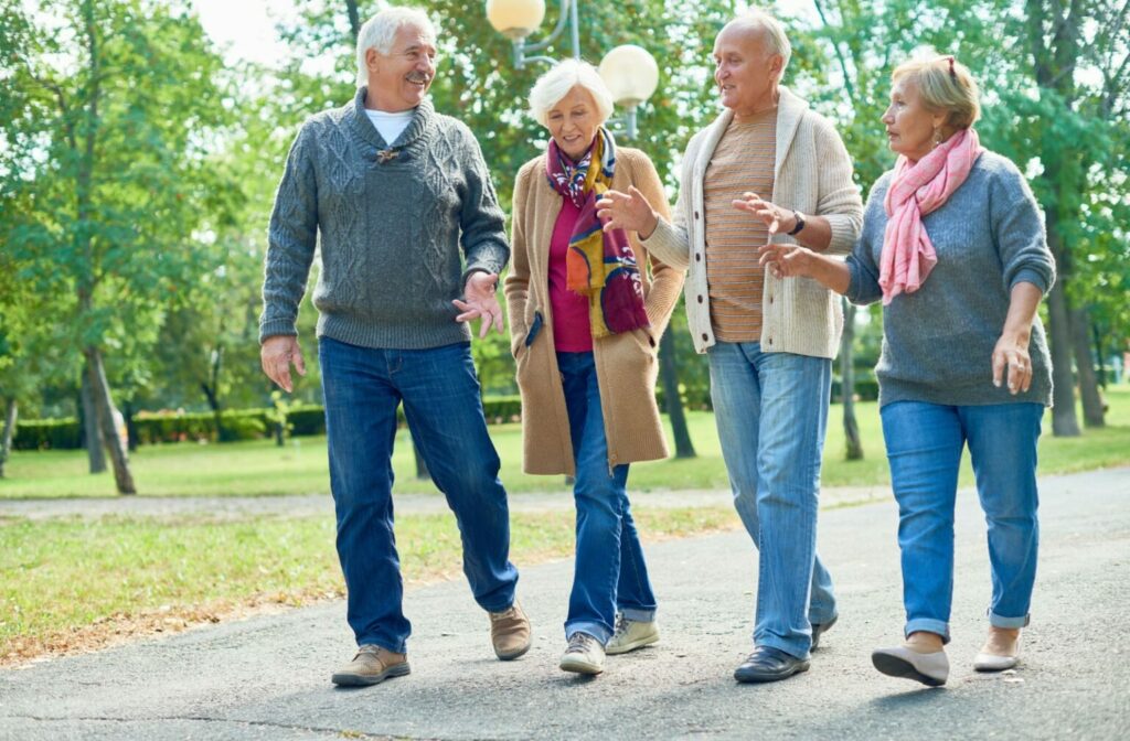 a group of seniors walking and chatting outdoors