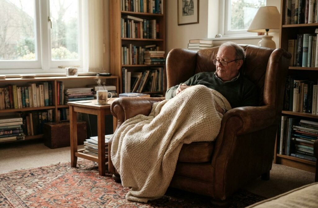 Older adult sitting in a leather armchair by a sunlit window reading a book in a cozy living room.