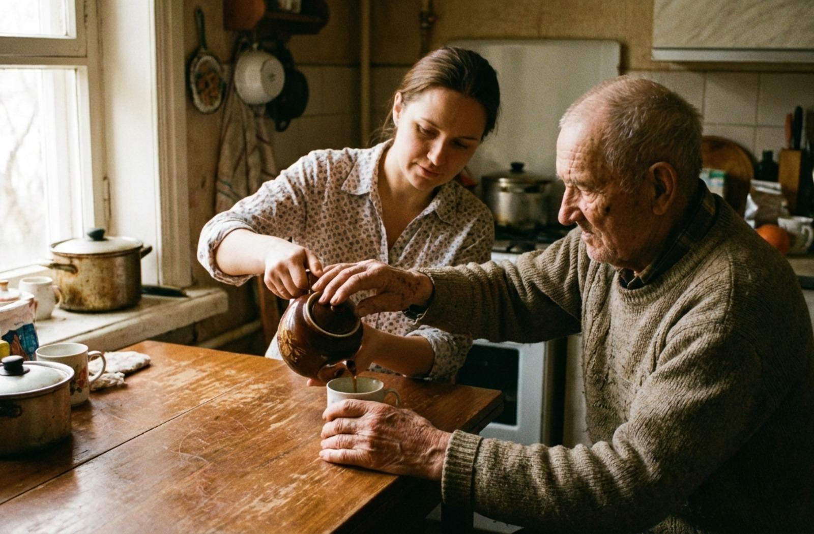 Younger adult assisting an older adult with pouring a cup of tea at a sunlit kitchen table.