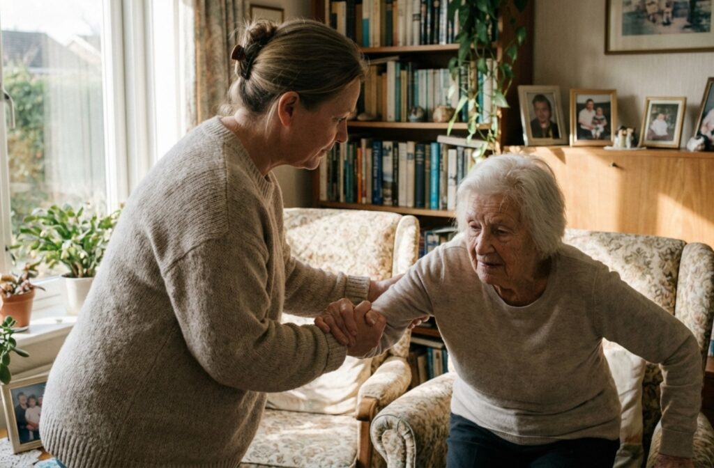 A home carer in casual clothes gently supports a senior person's arm, helping them stand up from an armchair in a sunlit living room.