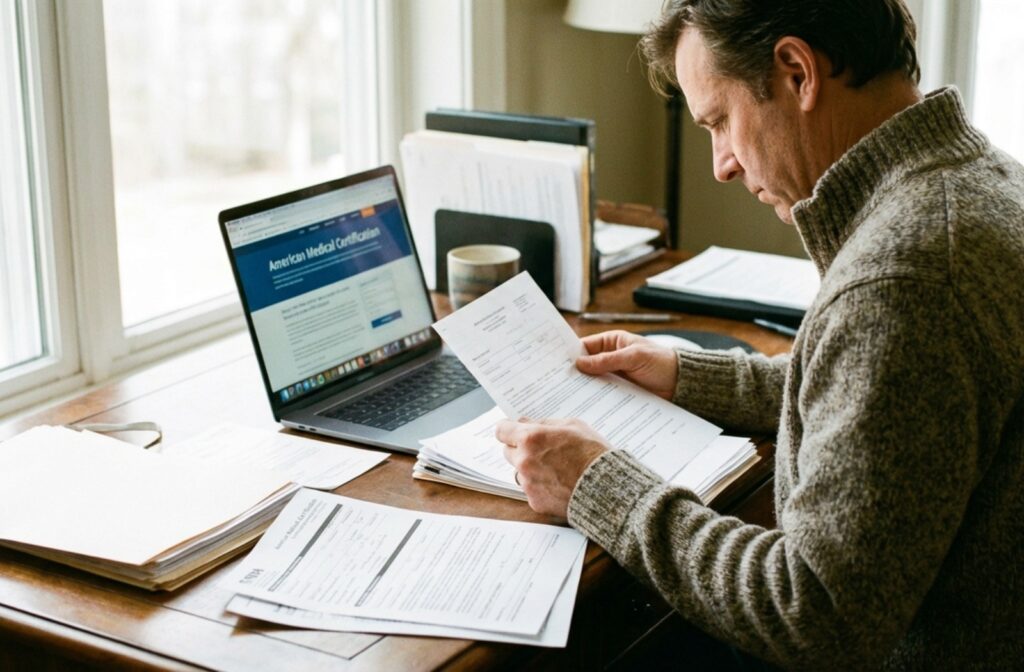 A man sits before an open laptop and goes through paperwork while looking concerned.