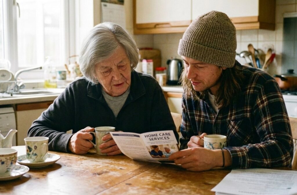 A younger adult and a senior sit at the table, reading a pamphlet about home care services together.